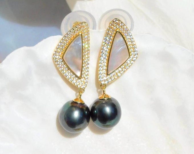 10mm Black Tahitian Pearl Earrings | Triangle Mother of Pearl | AAA | Gold Plated Over Silver | Saltwater Pearl Earrings |  Green Black