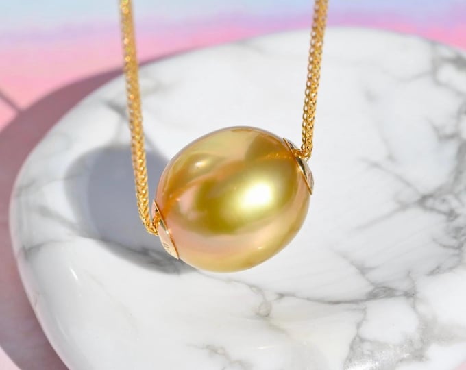 Floating Golden South Sea Pearl Necklace: Deep Golden, Oval, Solid 18K Gold Chain, AAA, 9.9mm