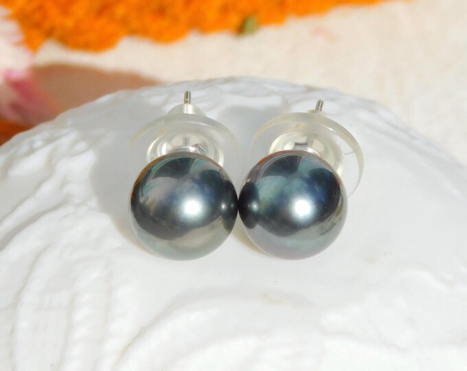 10.4mm Tahitian Pearl Studs | Deep Blue Black  | AAA | Solid 18k White Gold Studs | South Sea Pearl | Saltwater Pearl | Black Pearl Studs