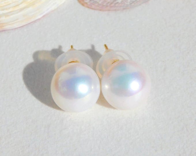 14mm Round Freshwater Pearl Studs: Solid 18K Gold, Large White Pearl Studs, AAA