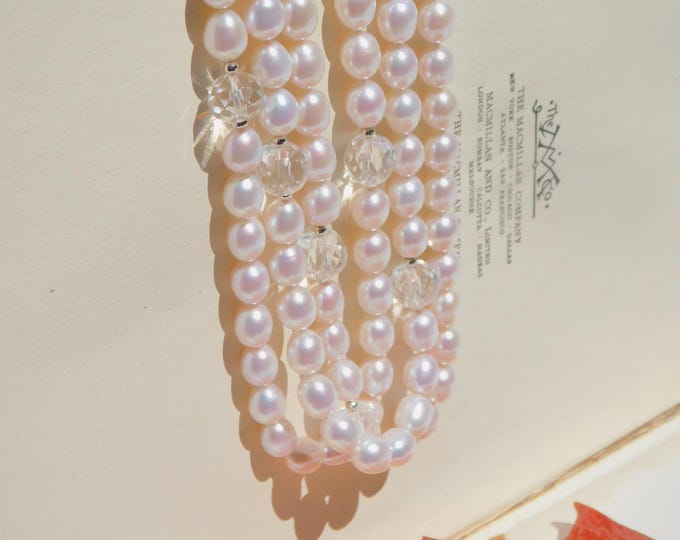 55 Inches Pearl & Crystal Necklace | White Freshwater Pearls | Two Strand | Pearl and Quartz  | Non-nucleated Freshwater Pearls | AAA