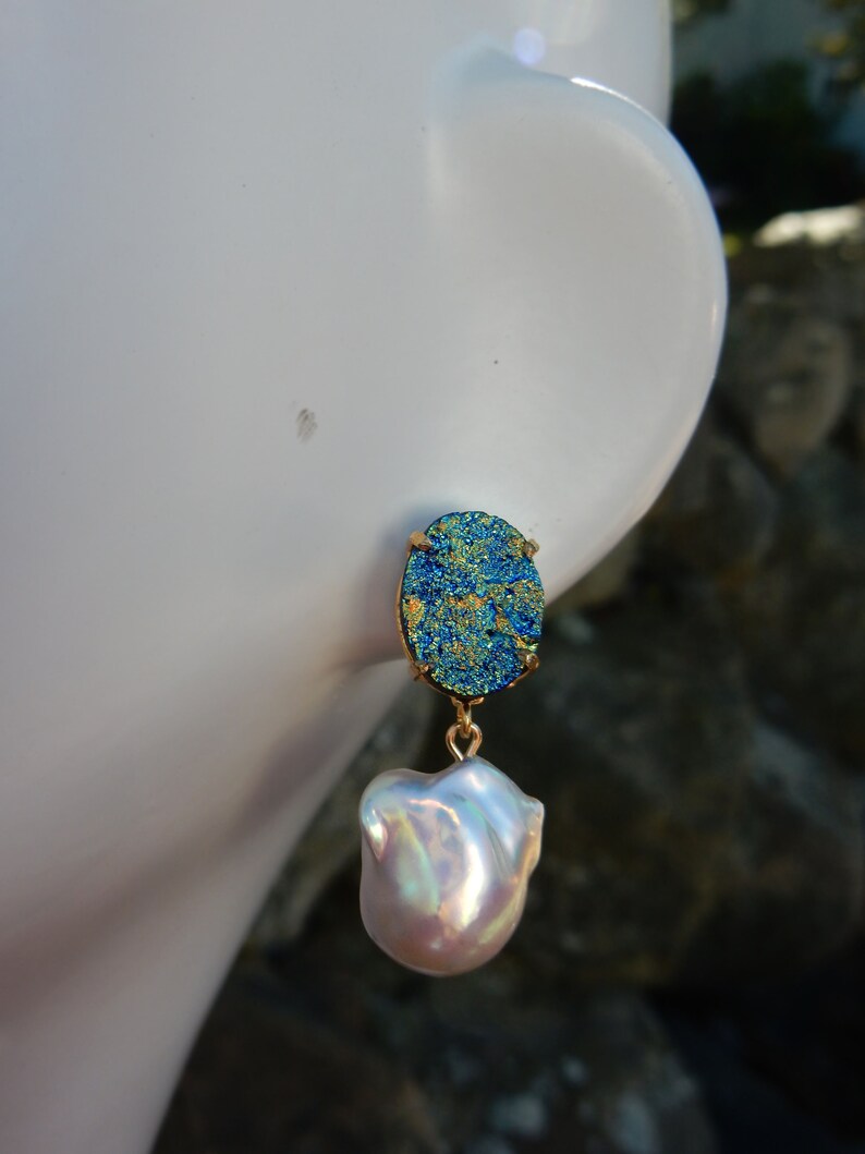 Big Pearl Earrings Gemstone and Pearl Ready to ship 16mm Blue Titanium Druzy Baroque Pearl Earrings
