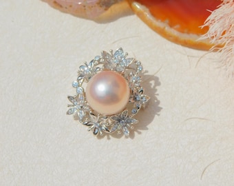 12.6mm Pink Freshwater Pearl Brooch/Pendant | Light Pink | AAA+ |  Metallic Pearl Pendant | Sterling Silver with CZ | Flower Brooch | Pin