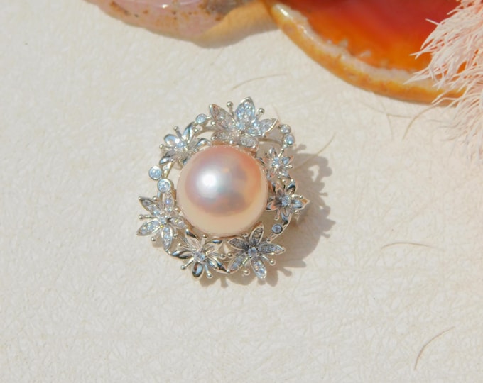 12.6mm Pink Freshwater Pearl Brooch/Pendant | Light Pink | AAA+ |  Metallic Pearl Pendant | Sterling Silver with CZ | Flower Brooch | Pin