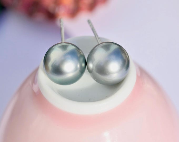 Gray Blue Tahitian Pearl Studs: Solid 18K White Gold, 8.9mm, AAA, Black Pearls