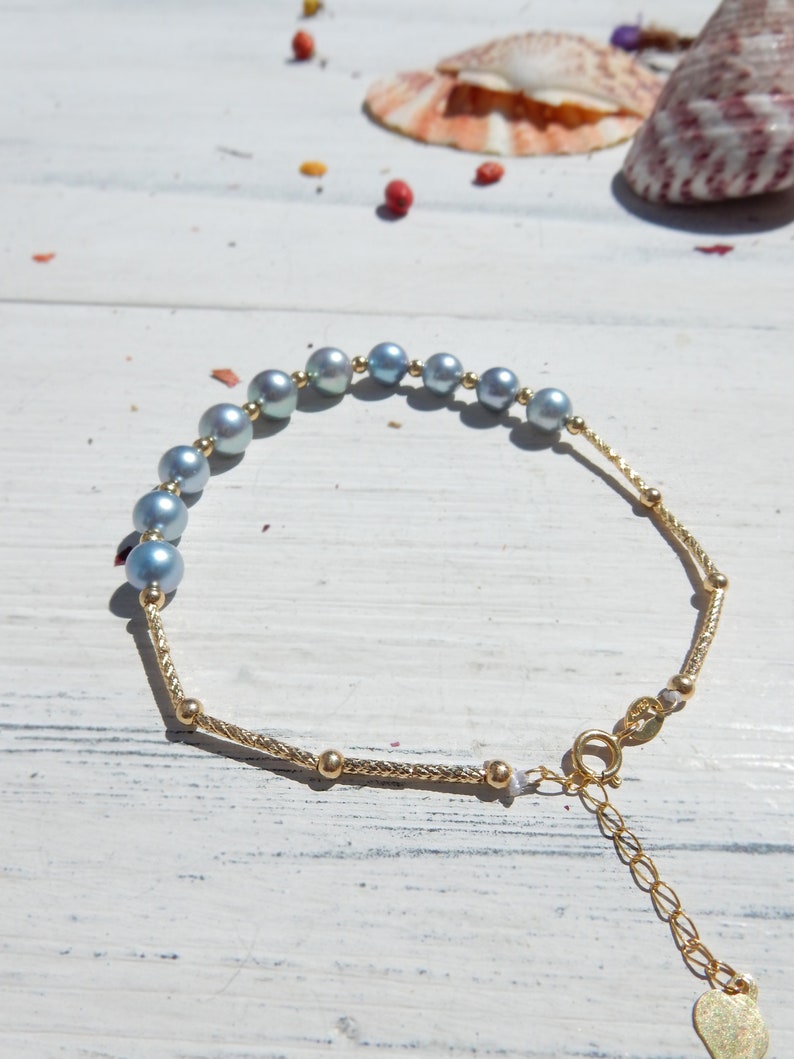 Akoya Pearl Bracelet Saltwater Pearls Japanese Pearl 18K Gold Tube Bracelet Ready to Ship Silver Blue Grey