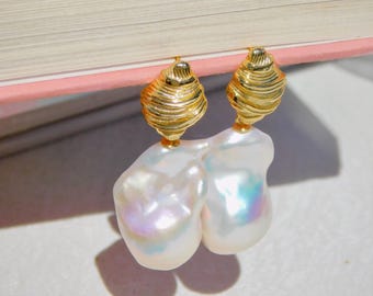 Vermeil Croissant Large Baroque Pearl Earrings | Drop Earrings | AAA+ | 15mm *25mm | White with Rainbow |  Croissant Jewelry | Large Pearls
