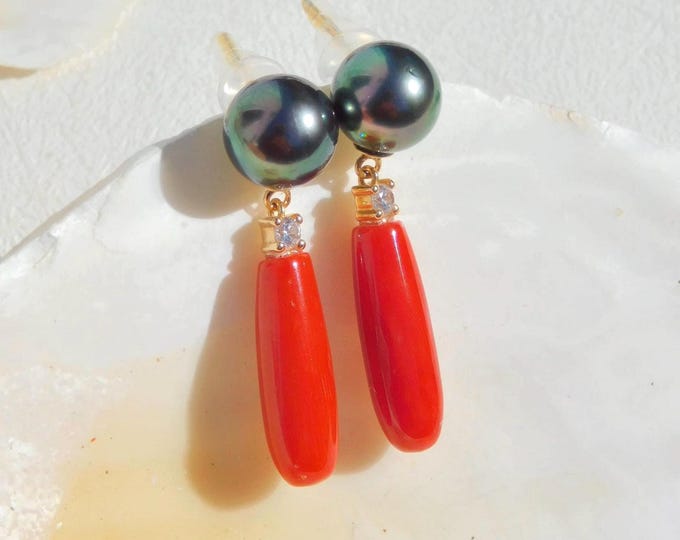 Tahitian Pearl and Coral Earrings | Solid 18k Yellow Gold | Italian Red Coral | Saltwater Pearl Earrings | Red | Gem Green | AAA | 9.4mm