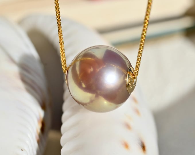 11.6mm Floating Pearl Necklace: Blush Golden Pistachio, AAA+, Super Metallic, Freshwater Pearl, Solid 18K Gold Pin-end Chain