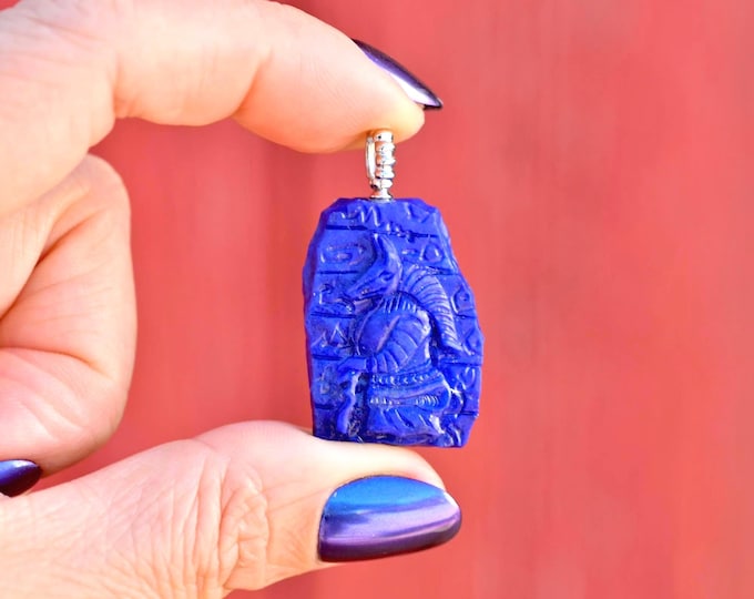 Lapis Lazuli Anubis Pendant: Solid 18K White Gold Bail, Hand-carved Egyptian God Charm, Blue