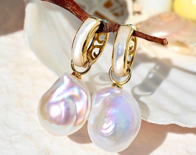 Baroque Freshwater Pearl Hoop Earrings: Gold Vermeil Mother of Pearl, Convertible Earrings, Removable Pearl Charms