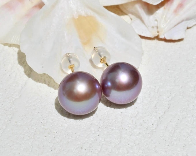 10.7mm Freshwater Pearl Studs: Solid 18K Gold, AAA, Purple Pearls