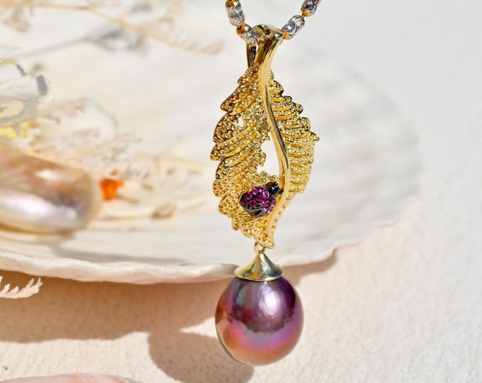 Convertible Baroque Pearl Brooch Pendant: 13mm Purple Freshwater, Vermeil Leaf