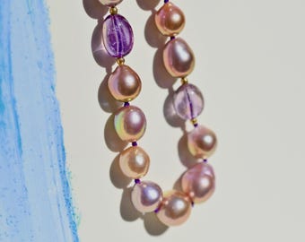 Multi-color Freshwater Pearl Necklace: 18 Inch, Purple Quartz, Crystal, Solid 9K Gold Clasp, Metallic