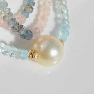 Aquamarine and Morganite with South Sea Pearl Necklace 13mm Solid 18kt/14kt Yellow Gold Saltwater Pearl AAA Gemstone and Pearl image 2