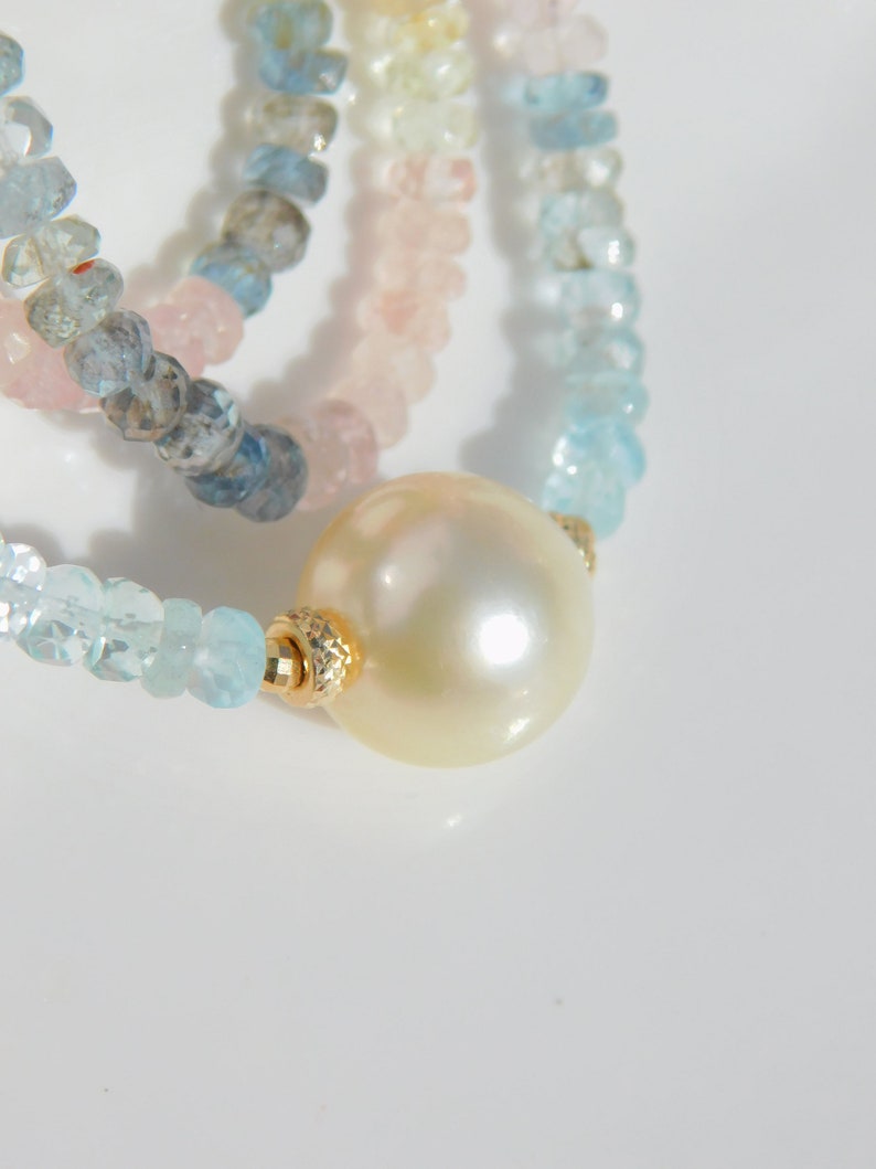 Aquamarine and Morganite with South Sea Pearl Necklace 13mm Solid 18kt/14kt Yellow Gold Saltwater Pearl AAA Gemstone and Pearl image 2