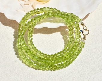 4.5-5.2mm Natural Olive-lime Peridot Necklace: Solid 18k Gold, Faceted Rondelle Gemstone, 17-inch