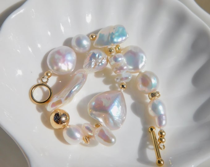 Super Luster Baroque Pearl Bracelet | Gold Filled Toggle Clasp | 7''to 7.25'' Wrist Size | White | Gold | Stacking | Layering | AAA+ | Keshi