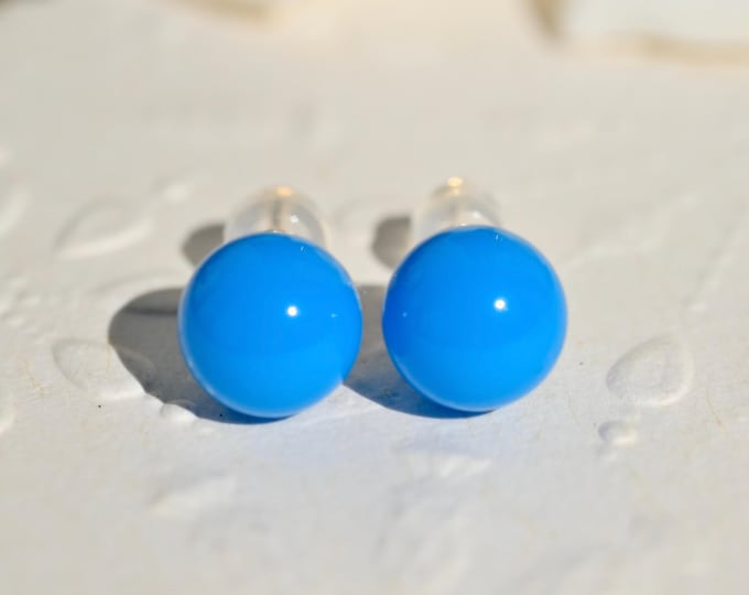 Cobalt Blue Turquoise Studs: 9.2mm, Solid 18K Gold, Undyed, Round, Hubei Turquoise, Authentic Blue Turquoise, AAA+