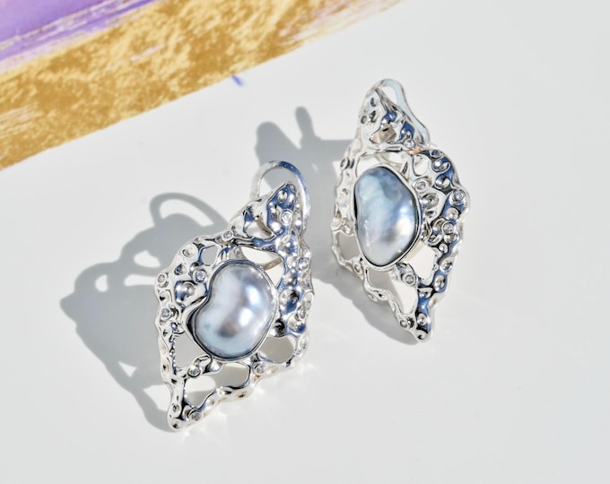 Tahitian Keshi Pearl Earrings: Sterling Silver Lava Rock Design, AAA, Statement Earrings