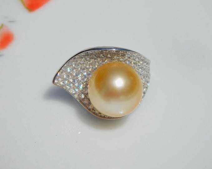 13.7mm Golden South Sea Pearl Cluster Leaf Ring | 7.25 US | AAA | Statement Ring | Saltwater Light Golden Pearl | White Gold Plated Silver
