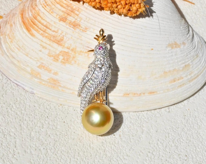Golden South Sea Pearl Bird Brooch/Pendant: Sterling Silver CZ Bird Pin, AAA+