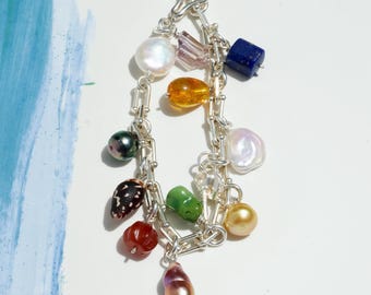 One-of-a-kind Charm Bracelet: Sterling Silver Link Chain, 10 Natural Pearl, Gemstone & Shell Charms, 7-7.25'' Wrist
