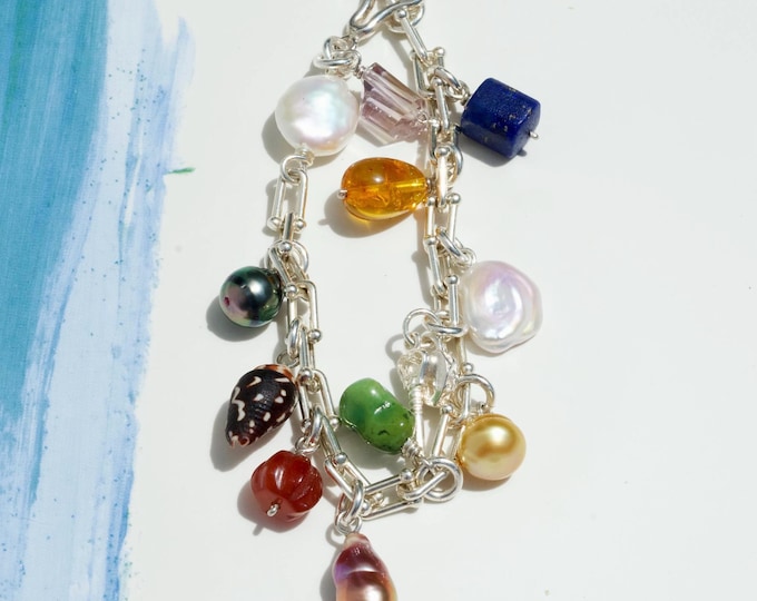 One-of-a-kind Charm Bracelet: Sterling Silver Link Chain, 10 Natural Pearl, Gemstone & Shell Charms, 7-7.25'' Wrist