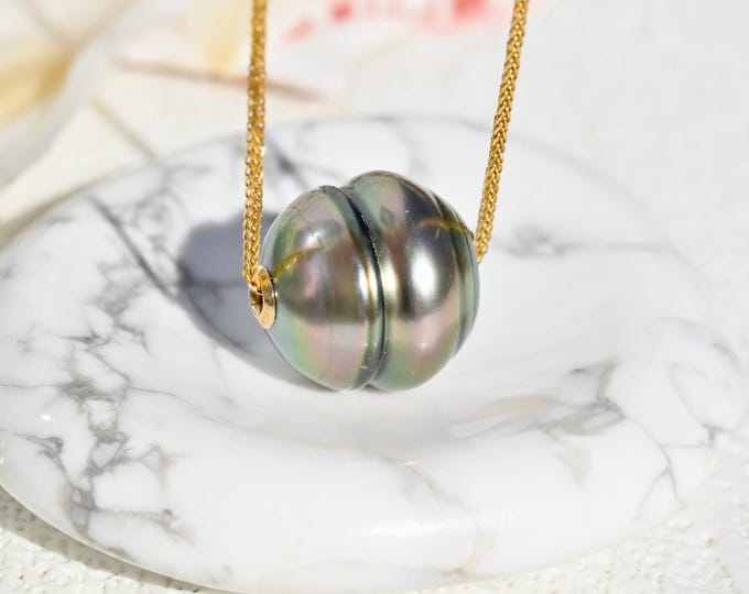 11.8mm Floating Tahitian Pearl Necklace: Solid 18K Gold Pin-end Chain, Adjustable, AAA, Circled