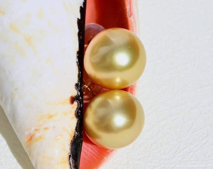 Golden South Sea Pearl Studs: Semi-baroque, Solid 18K Gold, Rich Golden & Pistachio, 10.5-10.7mm
