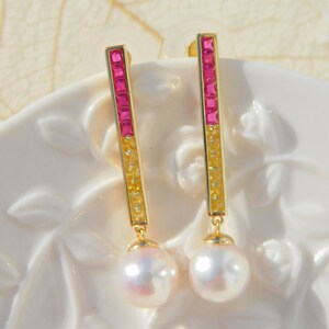 Vermeil Colorful CZ with Japanese Akoya Pearl Earrings AAA 9.2mm Drop Earrings Japanese Saltwater Pearls Hot Pink Yellow image 3
