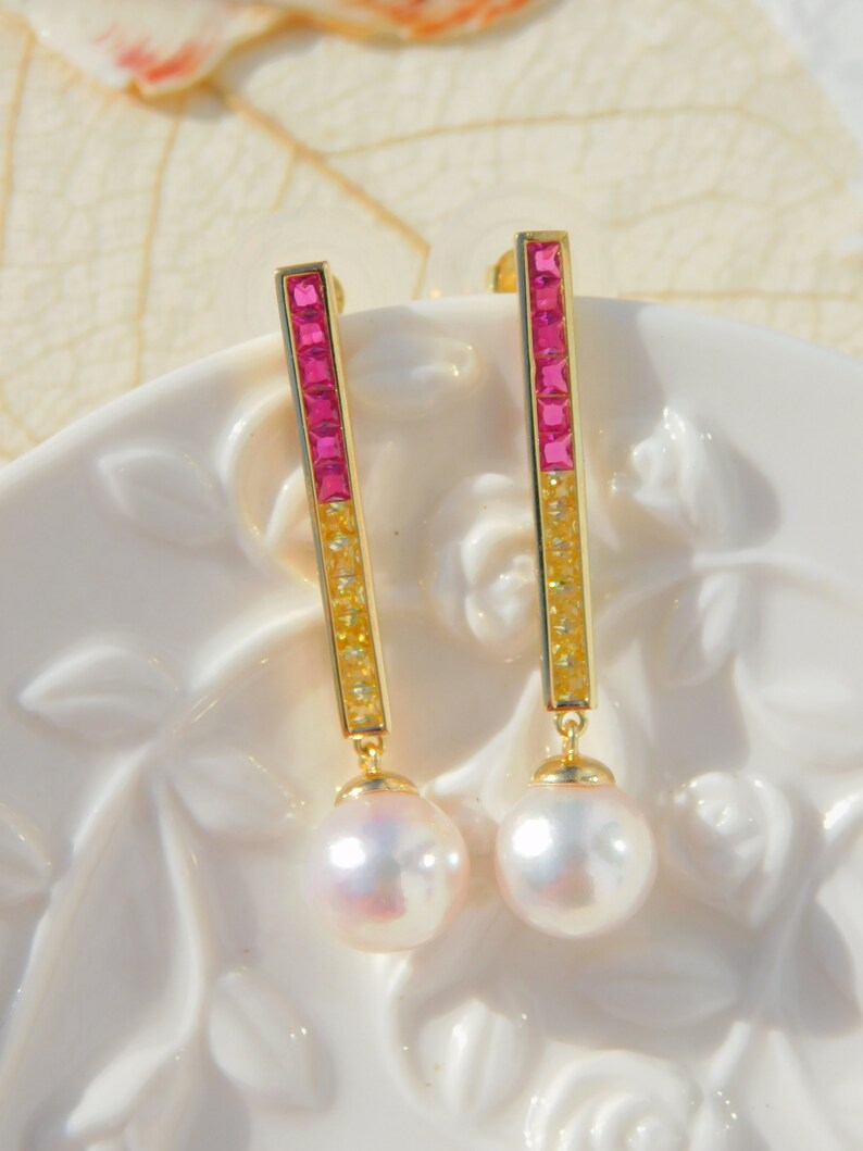 Vermeil Colorful CZ with Japanese Akoya Pearl Earrings AAA 9.2mm Drop Earrings Japanese Saltwater Pearls Hot Pink Yellow image 3