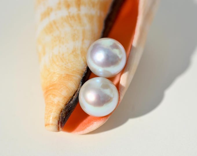 9.2mm Pastel Blue Akoya Pearl Studs: Solid 18K Gold, Japanese Saltwater Pearl Stud Earrings, Natural Blue Pearls