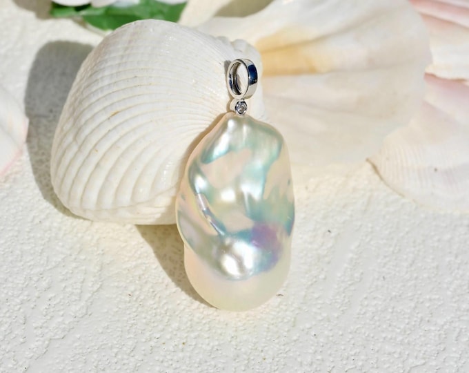 Large Baroque Freshwater Pearl Pendant: Solid 18K White Gold Bail, AAA+, Silvery White