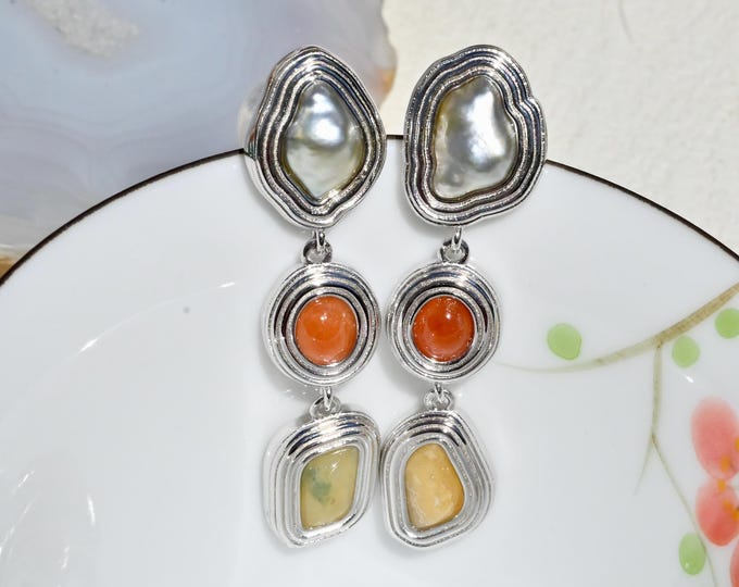 Tahitian Keshi Pearl & Red and Yellow Jadeite Dangle Earrings:  White Gold-plated Sterling Silver, Artisan Statement Earrings