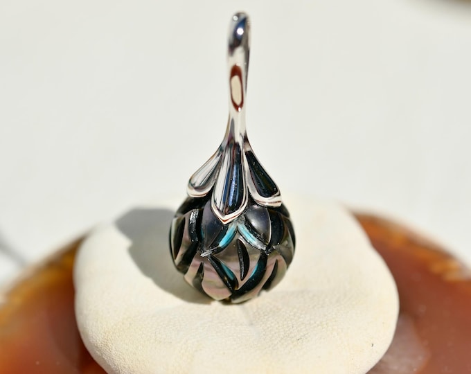 14.5mm Carved Tahitian Pearl Pendant: Solid 14K White Gold, Nucleated with Turquoise, Pearl and Gemstone