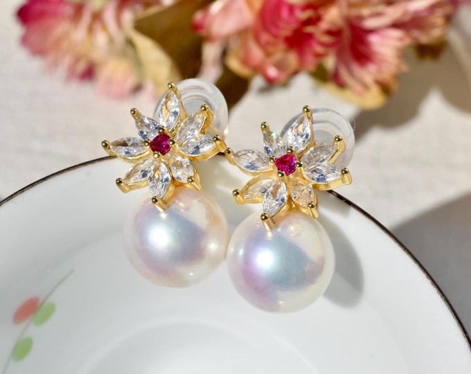 Cluster Flower Pearl Drop Earrings: Vermeil, AAA+, Freshwater Pearls, 12.2mm