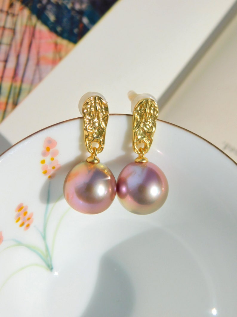 Vermeil Metallic Freshwater Pearl Earrings AAA Mauve Pink Near Round 11.4mm Yellow Gold over Silver Metallic image 1