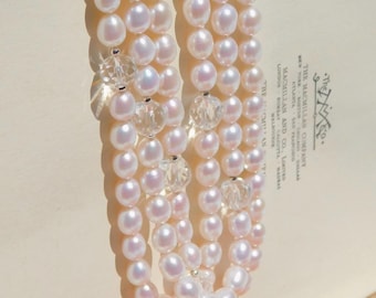 55 Inches Pearl & Crystal Necklace | White Freshwater Pearls | Two Strand | Pearl and Quartz  | Non-nucleated Freshwater Pearls | AAA