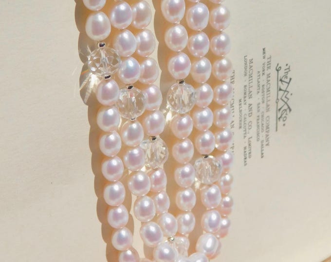 55 Inches Pearl & Crystal Necklace | White Freshwater Pearls | Two Strand | Pearl and Quartz  | Non-nucleated Freshwater Pearls | AAA