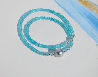 Sky Blue Apatite and Tahitian Pearl Necklace | AAA Quality | Gemstone Necklace | Smooth | Solid 18kt White Gold | Blue Gemstone Necklace