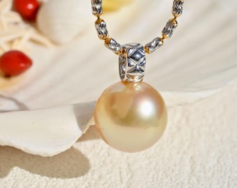 14mm Light Golden South Sea Pearl Pendant: Solid 18K White Gold, AAA+