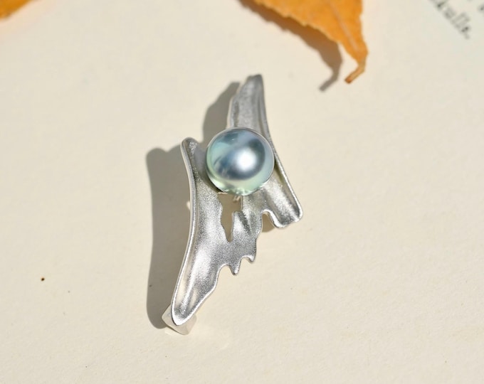 Tahitian Pearl Brooch/Pendant: Dreamy Blue Gray, 9.4mm, AAA, Abstract Matte Finish, S925 Silver, Black Pearl Pin