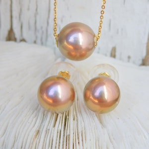 Pearl Studs and Floating Pearl Necklace SET Solid 18kt Yellow Gold Super Metallic Bronze 11.2mm and 11.9mm Beyone AAA Jewelry SET image 9