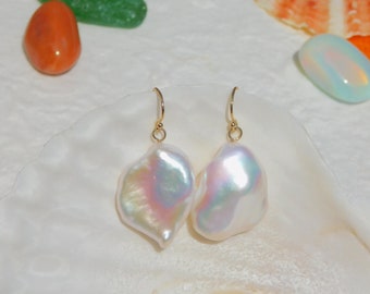 Large Baroque Freshwater Pearl Earrings | Large Pearl Earrings | 20mm * 26mm | Solid 18kt Yellow Gold | Light Weight | White with Pink
