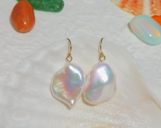 Large Baroque Freshwater Pearl Earrings | Large Pearl Earrings | 20mm * 26mm | Solid 18kt Yellow Gold | Light Weight | White with Pink