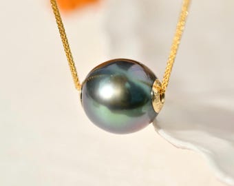 Floating Tahitian Pearl Necklace: Oval, Solid 18K Gold Dainty Chain, AAA, 10.3mm, Aubergine