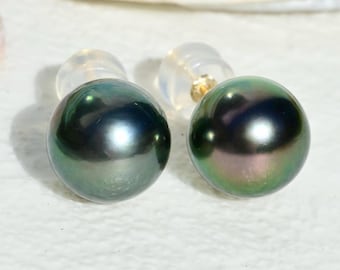 9.8mm Deep Green Tahitian Pearl Stud Earrings: Solid 18K Gold, Round Peacock Tahitian Pearls, Fine Pearl Earrings