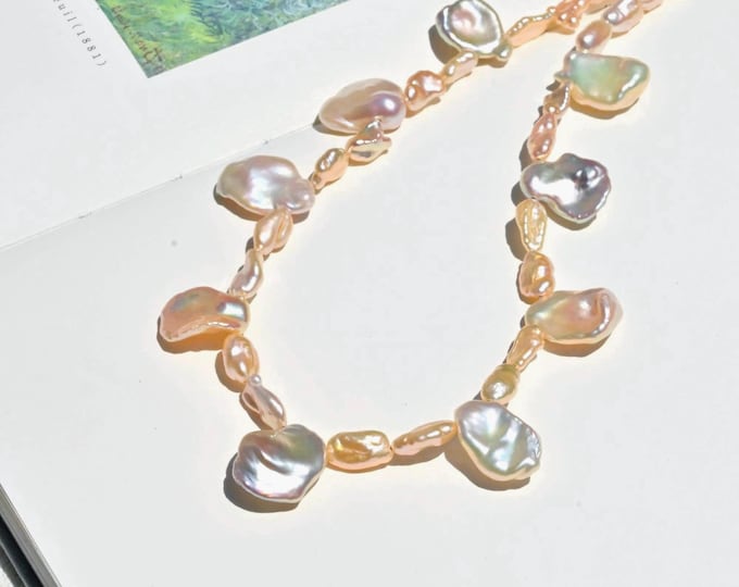 Blush Freshwater Keshi Pearl Necklace: Natural Pink Pearls, Sterling Silver Clasp, 17 Inch