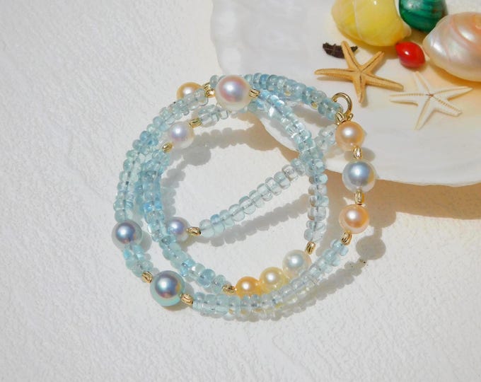 17.5 Inches Aquamarine Akoya Pearl Necklace |  Solid 18k Gold | Gemstone and Pearls | Blue Gemstone | Cream Akoya | Blue Saltwater Pearls